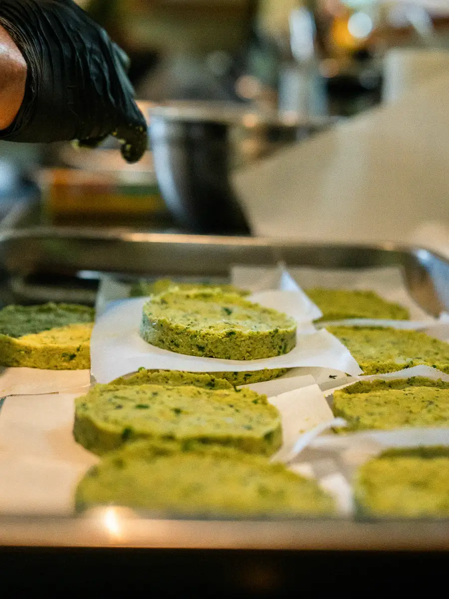 Trays of house made pandan cakes in the Banyoo kitchen